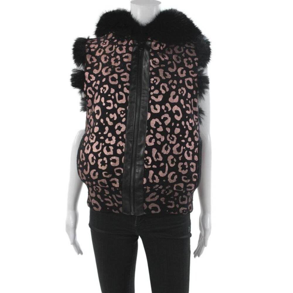Jocelyn Womens Sleeveless Leopard Bomber Jacket Black Acrylic Zip Size M
